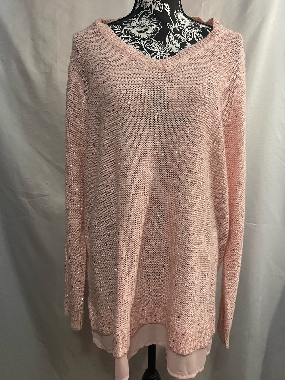 Faded Glory Pink V-Neck Sequin Knit Sweater